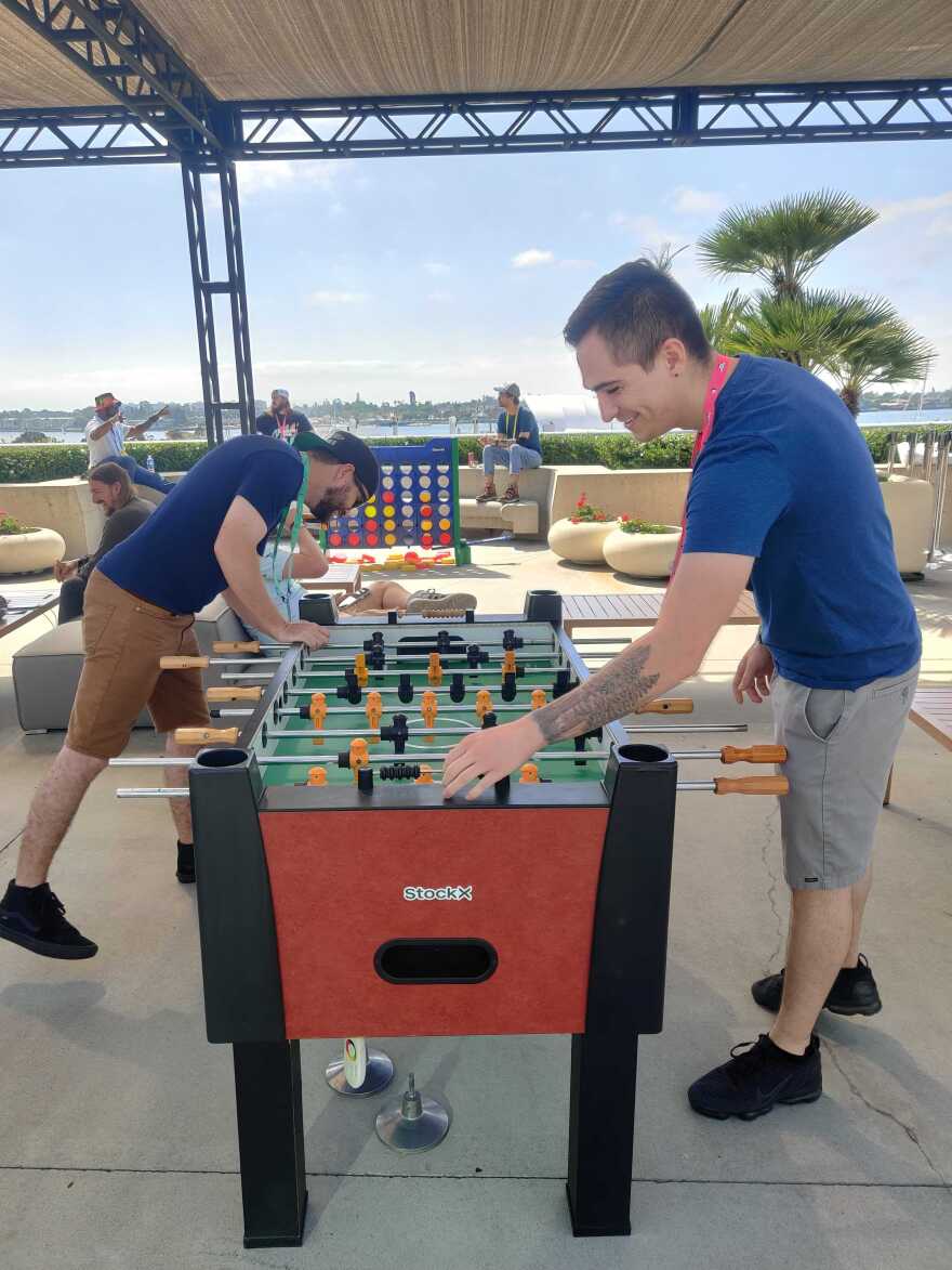 TwitchCon is not all about games, but there are plenty of fun games, like foosball, on hand for attendees to play, Oct. 9, 2022.