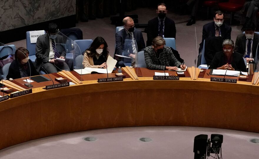 U.S. ambassador to the U.N., Linda Thomas-Greenfield, far right, speaks during an emergency meeting of the U.N. Security Council on the Ukraine crisis, in New York on Monday.