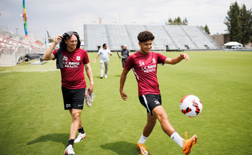 Sacramento Republic FC midfielders Matt LaGrassa and Rafael Jauregui walk to their locker room after practice in Sacramento, Calif. on July 26, 2022.