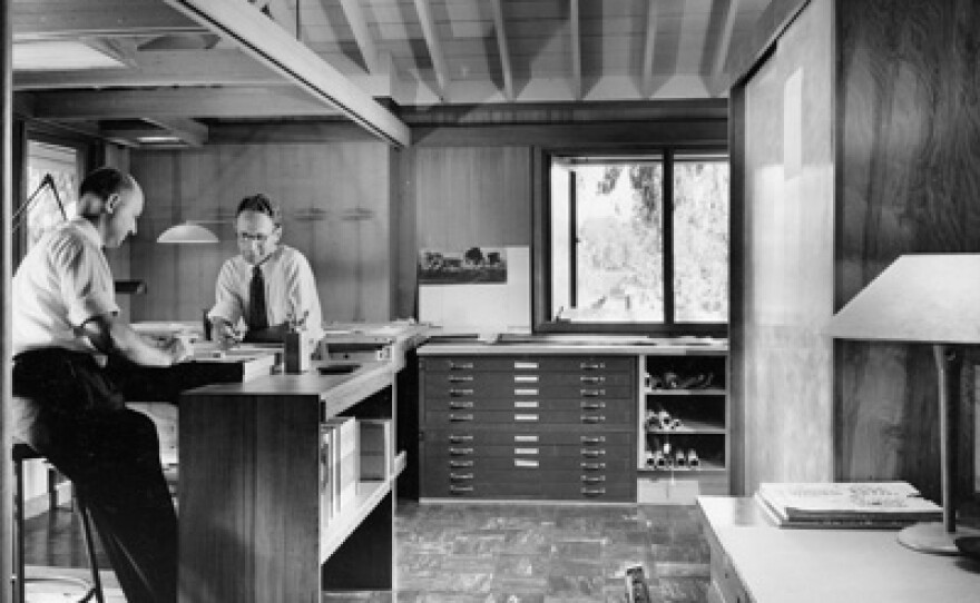 Architects Robert Mosher and partner Roy Drew at the Mosher and Drew offices at the Green Dragon Colony in La Jolla, circa 1949.
