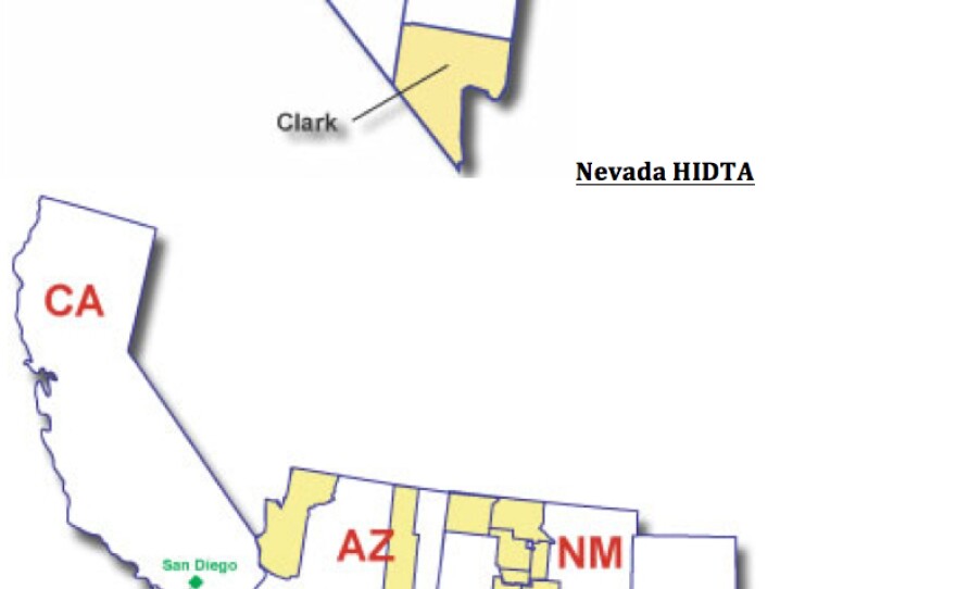 A map of counties in Nevada and the southwest identified as High Intensity Drug Trafficking Areas (HIDTA).