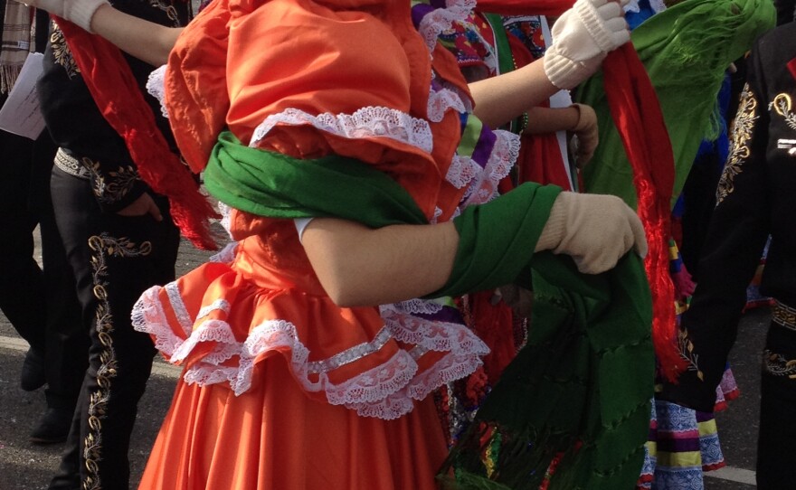 Members of Palmview High School's marching band and folklorico group, who traveled from La Joya, Texas, prepare for the inaugural parade in Washington, D.C.