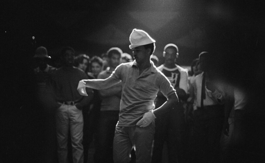 Hank Shocklee, one of the famous poppers dancing to the spins of a hip-hop DJ, 1982.