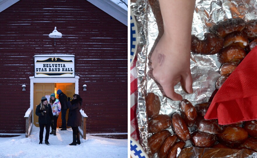 (Left) Warm light spills from the Helvetia Star Band Hall, aka, the Red Hall. (Right) Refreshments, including Fasnacht donuts, were served at the Masked Ball at the Community Hall.