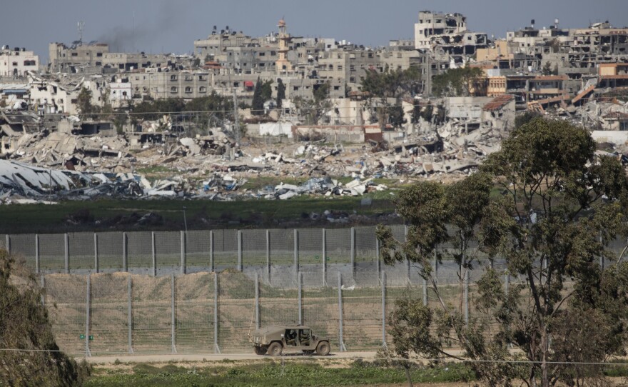 An Israeli army vehicle moves along the border with Gaza on Feb. 1, 2024 in Southern Israel.