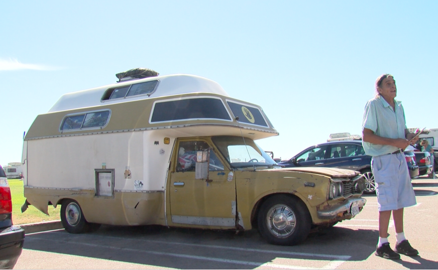 Bloom's RV, which he said is over 30 years old and has constant mechanical issues at Dog Beach in Ocean Beach, Sept. 25, 2017.