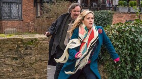 Lu Shakespeare (Jo Joyner) and Frank Hathaway (Mark Benton) in a scene from SHAKESPEARE & HATHAWAY-PRIVATE INVESTIGATORS "The Rascal Cook."