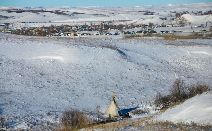 Oceti Sakowin Camp occupied by protesters can be seen in the distance on Dec. 4, 2016.