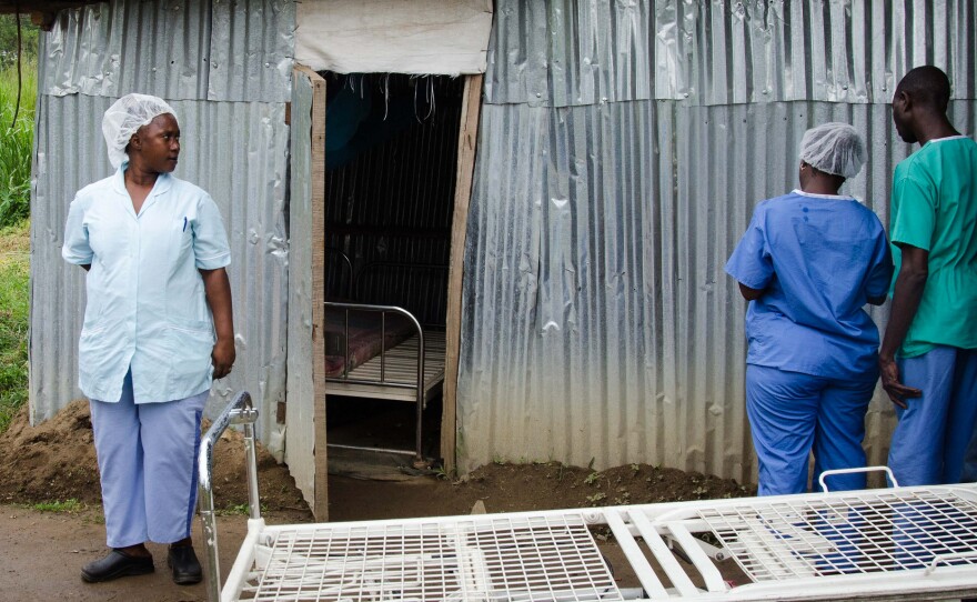 Helena MacCarthy outside of the break room — in a tin hut — for nurses working at the Ebola isolation unit.