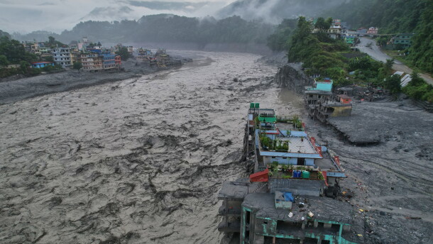 A drone view of the aftermath of flash flooding along the Trishuli river amidst fresh water surge warning in the Trishuli Bazaar area of Nuwakot district, Nepal, Sunday, Aug. 30, 2026. (AP Photo/Rajesh Kumar Singh)