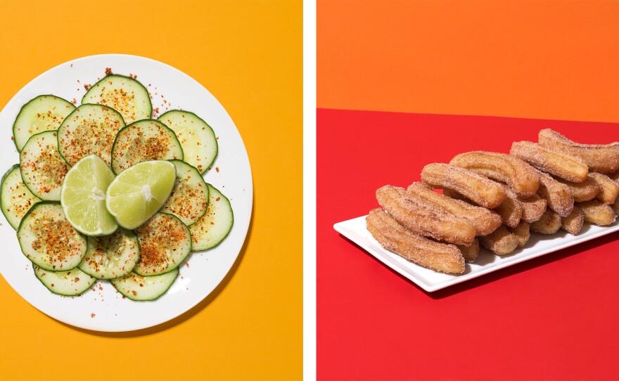 (Left) Cucumber slices seasoned with Tajín and lime wedges. (Right)<em> </em>Vegan churros.