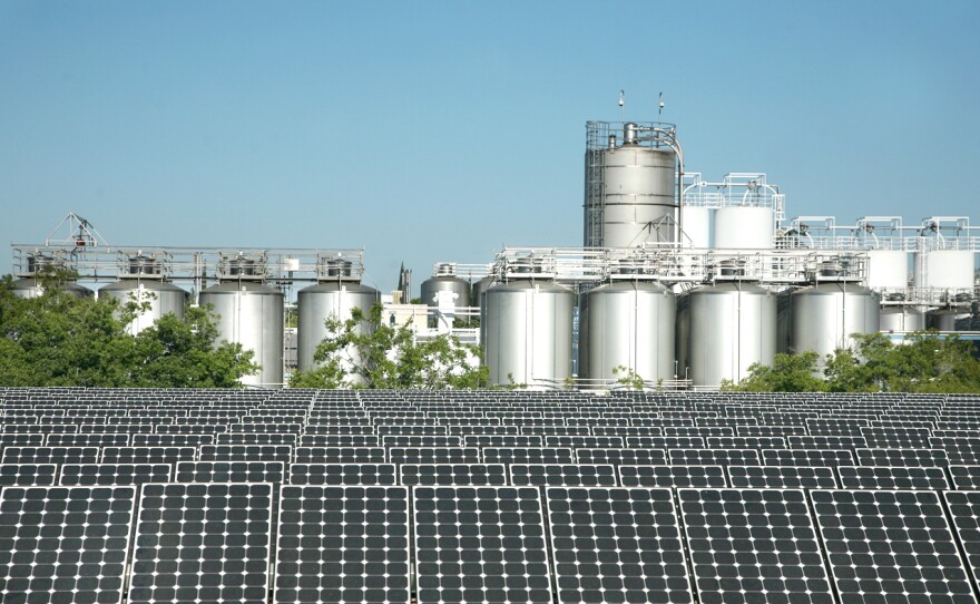 Part of the solar array that covers much Sierra Nevada's brewery in Chico, Calif. The more than 10,500 panels that span the equivalent of 3.5 football fields supply about 20 percent of the brewery's electricity.