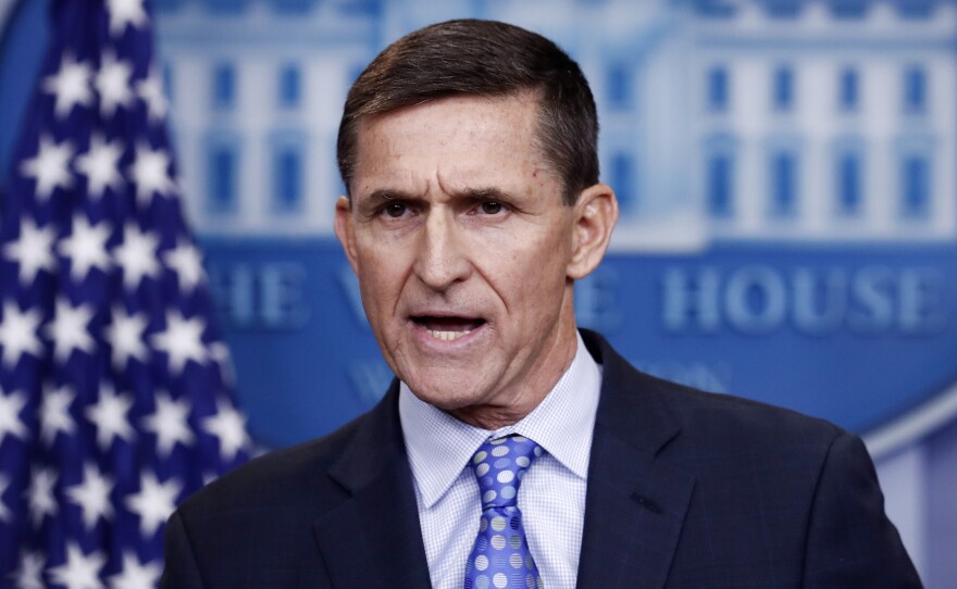 Then-national security adviser Michael Flynn speaks at the White House earlier this year. He has agreed to turn over business documents to senators investigating Russia's meddling with the 2016 elections.