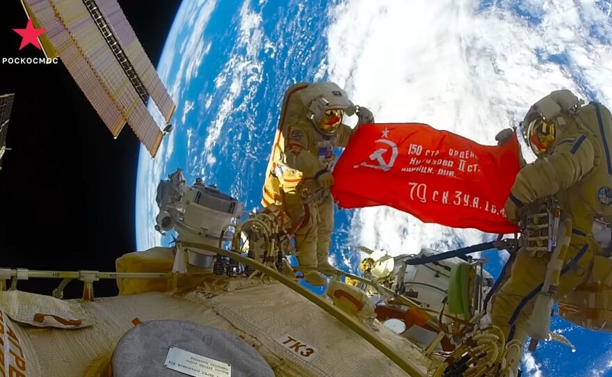 Cosmonauts unfurled a Soviet-era victory banner on a recent space walk. The banner, which is used to mark "Victory Day" in Russia, has also been used frequently by Russian forces in Ukraine.