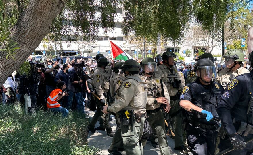 San Diego Sheriff officers and University of California police are seen on UC San Diego's campus with pro-Palestinian protesters. May 6, 2024.