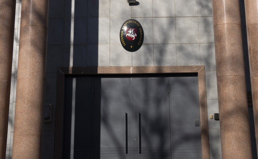 The closed Lithuanian Embassy in Beijing. China lashed out at the United States Thursday over its support for the European nation of Lithuania in its feud with Beijing over relations with Taiwan.