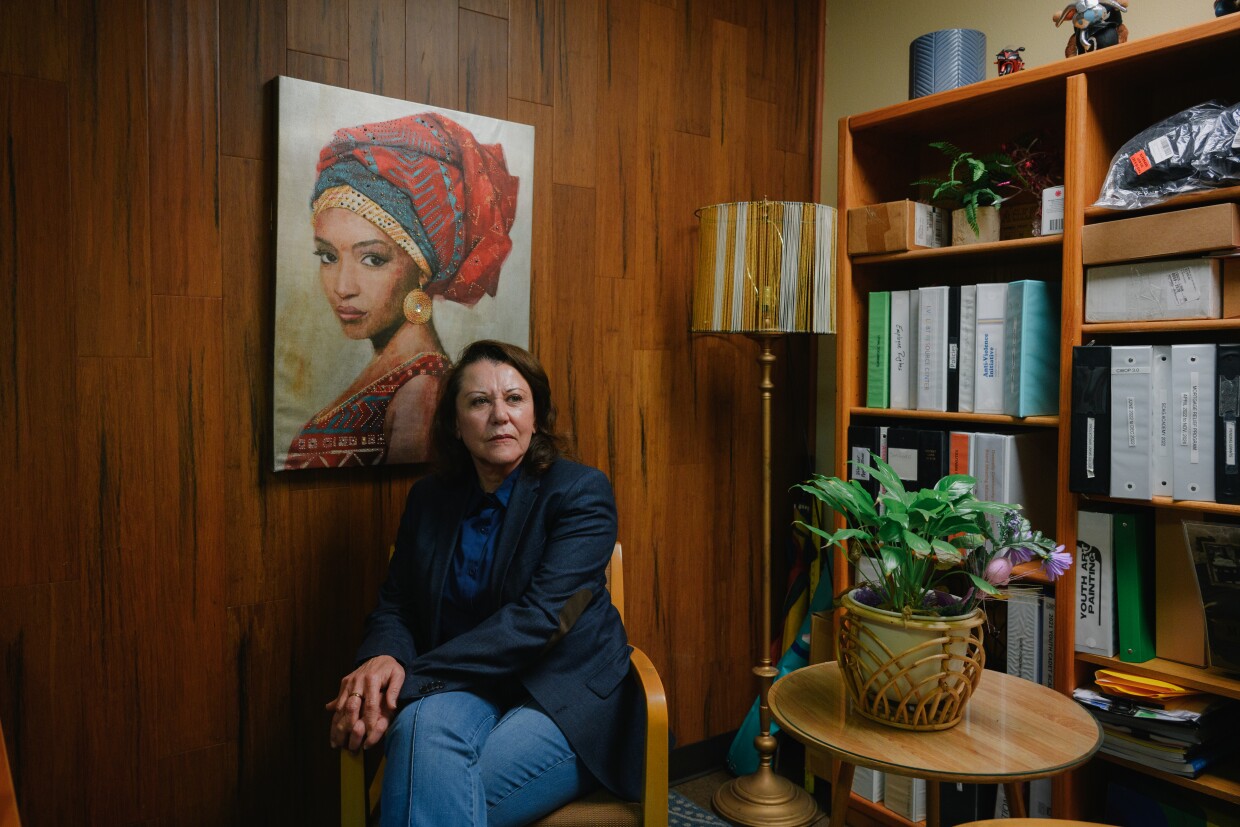 Rosa Diaz, the founder the Imperial Valley LGBT Resource Center, sits for a portrait at the center in El Centro, California on February 7, 2025. Diaz and other leaders recently rebranded the organization as the Donnelly Community Services Center, a decision that other LGBTQ+ advocates criticized as a move to distance the center from the cause of transgender rights.