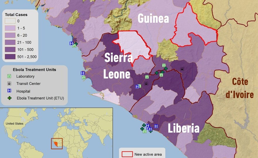 Map of West African countries, Guinea, Sierra Leone and Liberia. Map includes color shades indicating number of Ebola cases in each country — eastern Sierra Leone and Liberia, and southern Guinea have the largest number of cases.