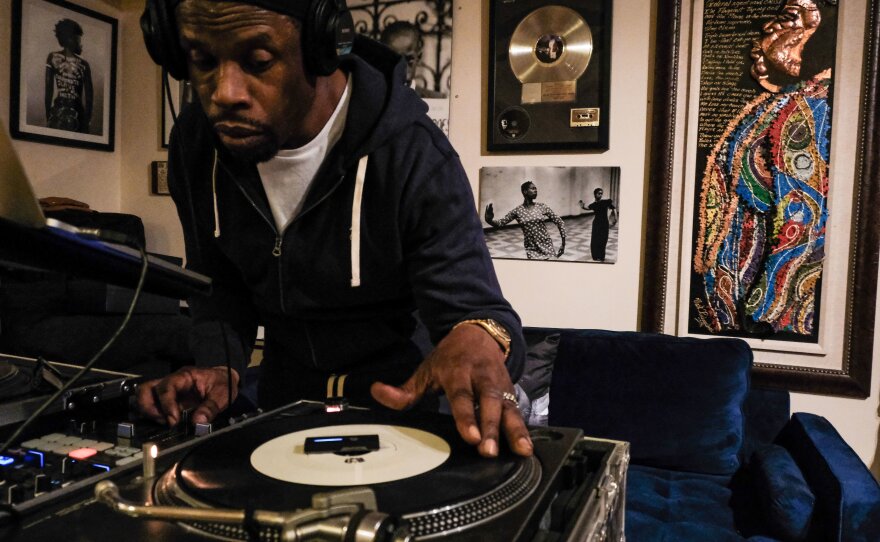 Richard Grant, aka DJ Twin, spins some of Notorious BIG's greatest hits in his home in Bed Stuy. DJ Twin did shows with Notorious BIG when he was touring and producing records for rapper Redman.