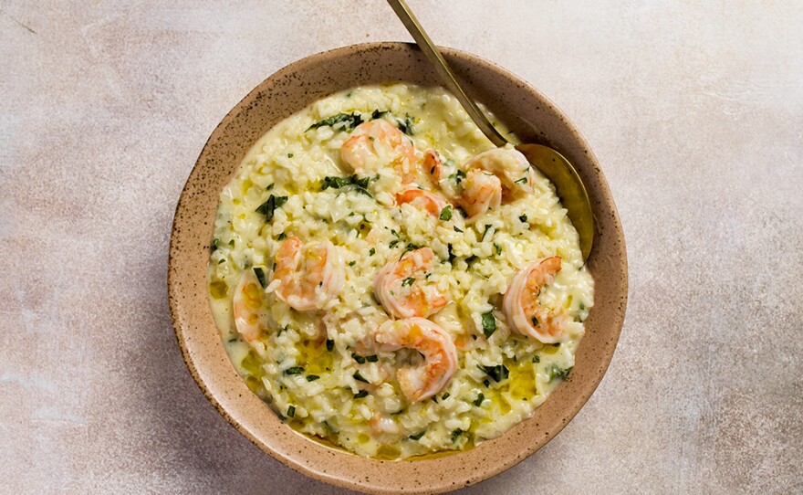 Lemon and Shrimp Risotto with Fresh Basil, finished with an egg yolk and cream