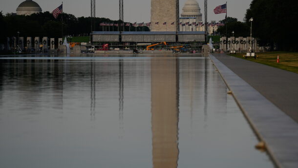 The U.S. Capitol and the Washington Monument are reflected in the Lincoln Memorial Reflecting Pool Thursday, June 25, 2026, in Washington.