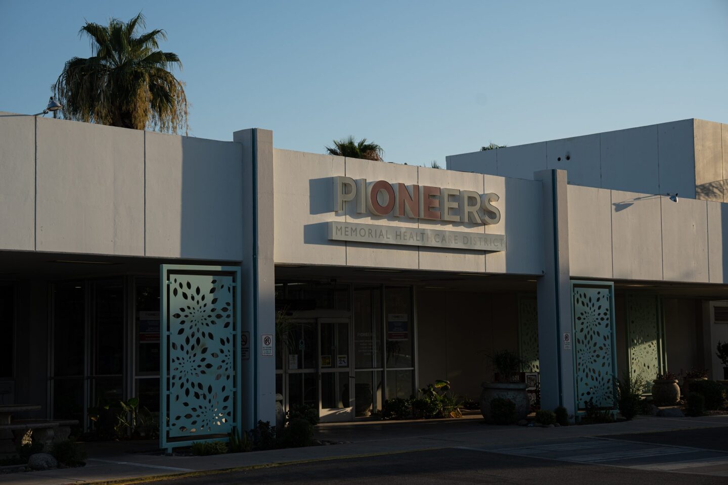 Sun sets over Pioneers Memorial Hospital in Brawley, Calif. on Aug. 8, 2024.