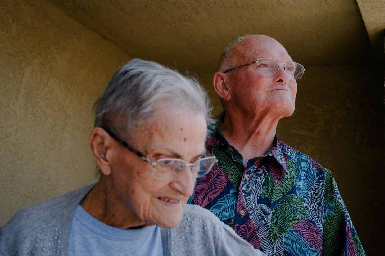 Erma Currier and her son, Darrel Ward, right, stand for a portrait at their home in Chula Vista on July 23, 2024. Earlier this year, the city towed Erma’s car for violating the three day-parking limit.