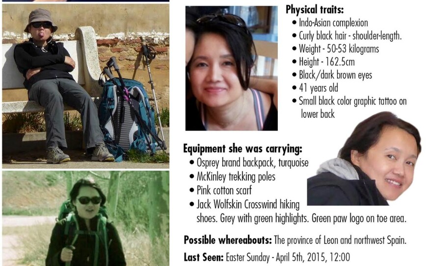 The missing person poster for Denise Thiem, an American woman who vanished while hiking Spain's Camino de Santiago.