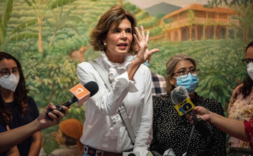 Cristiana Chamorro, pre-presidential candidate, gives a press conference in Nicaragua's capital, Managua, in May after the detention of two of her former employees by the national police and their retention for 90 days for alleged laundering of assets.
