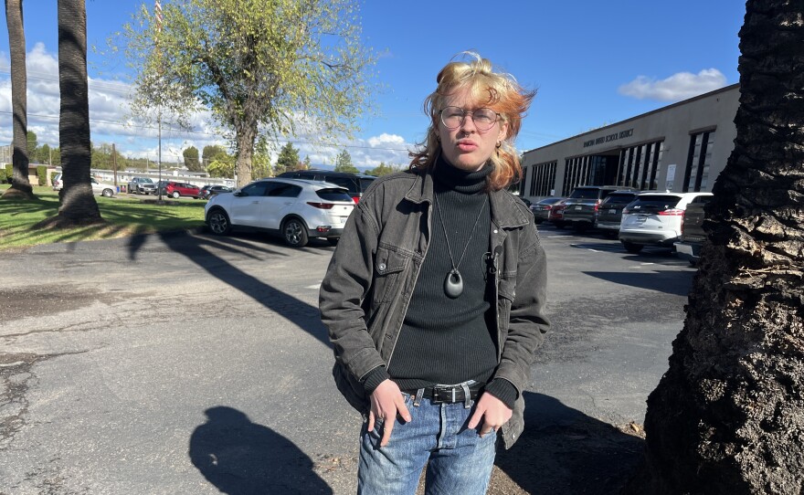 Ramona Pride founder Weylin Booth speaks outside of Ramona Unified School district headquarters on Nov. 19, 2025.