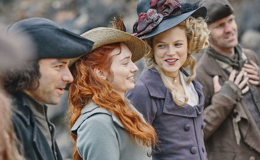 Left to right: Aidan Turner as Ross Poldark, Eleanor Tomlinson as Demelza, Gabriella Wilde as Caroline and Luke Norris as Dwight.