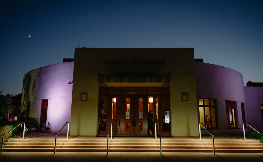 The moon rises over the Chula Vista City Council chambers on Sept. 19, 2023.