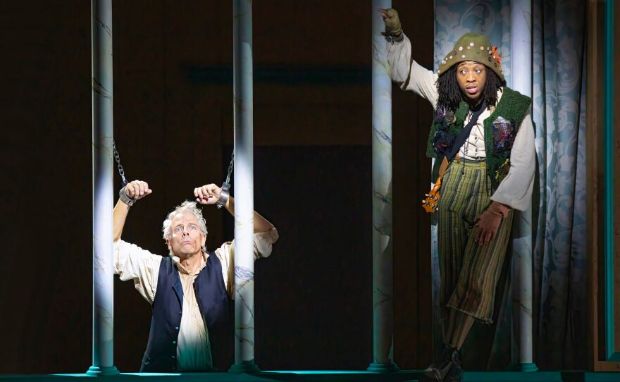 Greg Germann is Malvolio and Esco Jouléy is Feste in The Old Globe's production of Shakespeare's "Twelfth Night."