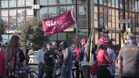 Pro-Trump protesters gather at Mission Boulevard in Pacific Beach, San Diego at a demonstration on Jan. 9, 2021.