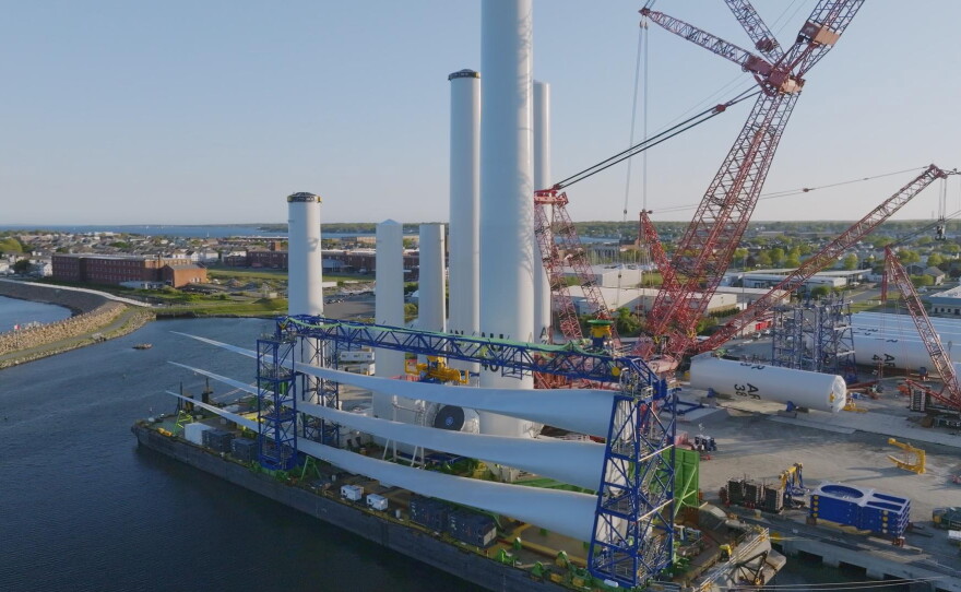 Wind turbines being staged at the New Bedford Marine Commerce Terminal.