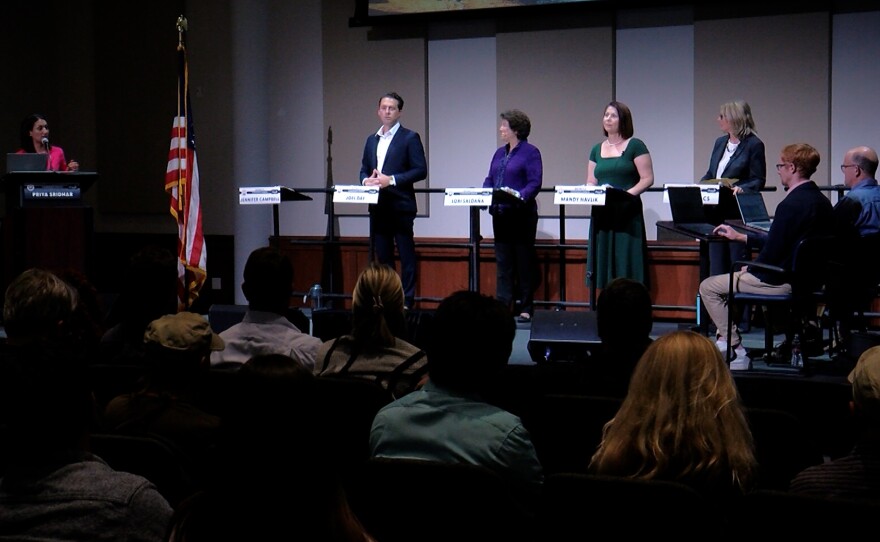 From left to right, San Diego City Council District 2 candidates Joel Day, Lori Saldaña, Mandy Havlik and Linda Lukacs during a debate on May 18, 2022. Incumbent Councilmember Jen Campbell was not present because of a prior engagement.