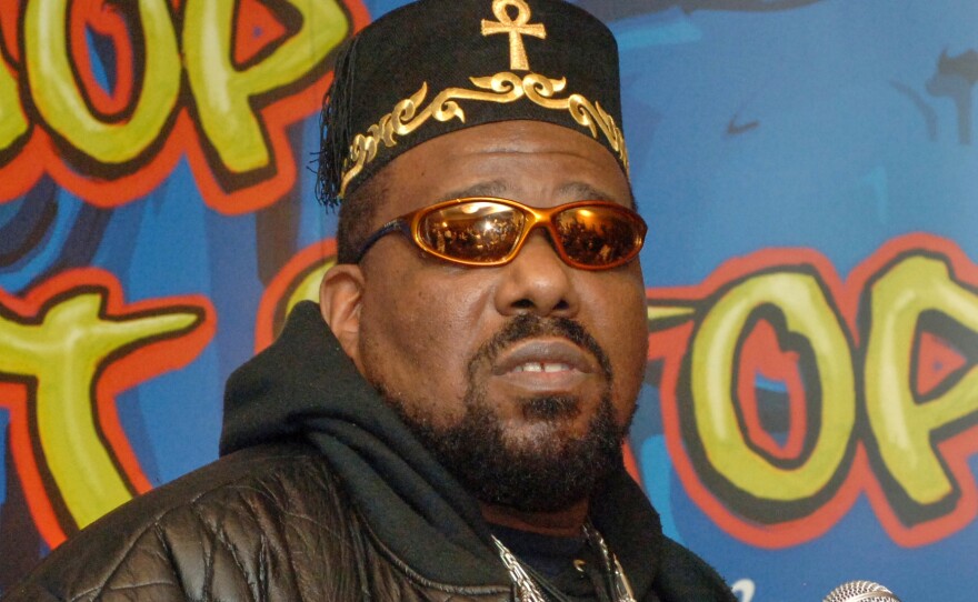 FILE - Hip hop DJ pioneer Afrika Bambaataa speaks at a news conference in New York on Feb. 28, 2006.