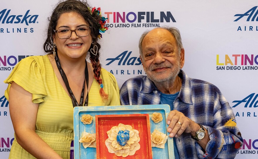 Artist, Melody De Los Cobos presented a tribute award to comedy legend, Cheech Marin at the San Diego Latino Film Festival on Sunday, March 24, 2024.