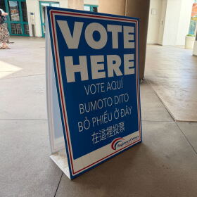 A "vote here" sign is on display at a Vote Center location at San Diego State University on June 1, 2026.