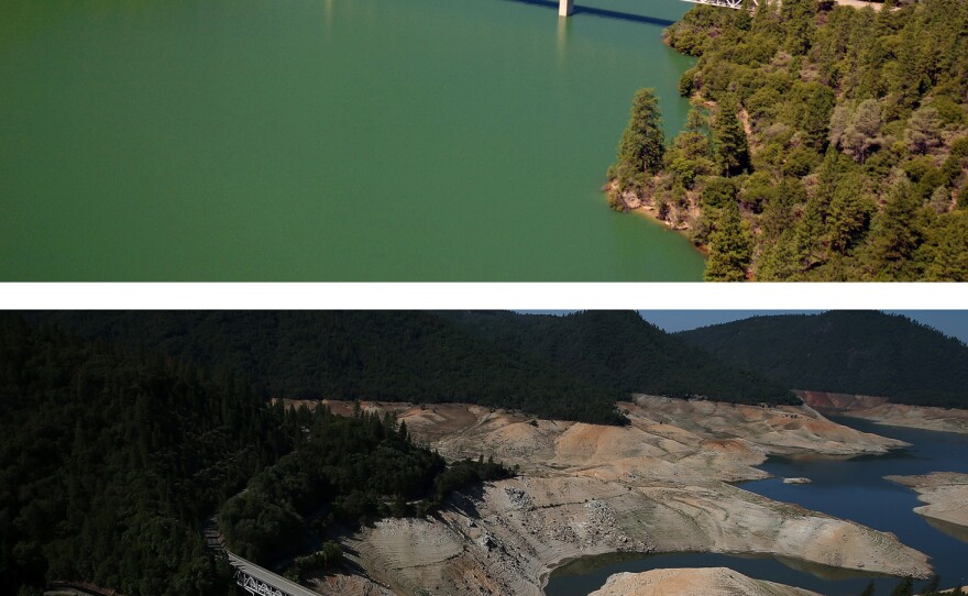 (Top) The Enterprise Bridge stretches over full water levels at a section of Lake Oroville on July 20, 2011 in Oroville, Calif. (Bottom) The same view in a photo taken this summer, after three years of drought.