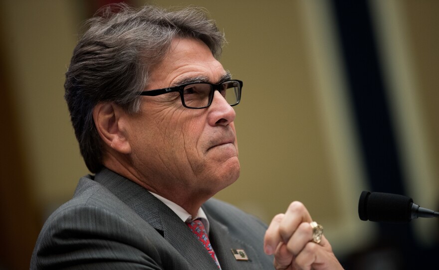 Secretary of Energy Rick Perry testifies during a House Energy and Commerce Committee hearing on Capitol Hill in Washington, D.C., on Oct. 12. Perry's proposed rule to benefit nuclear and coal power plants has been rejected by a federal regulatory commission.