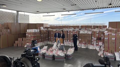 Homeland Security Secretary Kristi Noem took the podium at the Otay Mesa Detention Center, where the conference was theatrically decorated with drug props on Feb. 12, 2026.