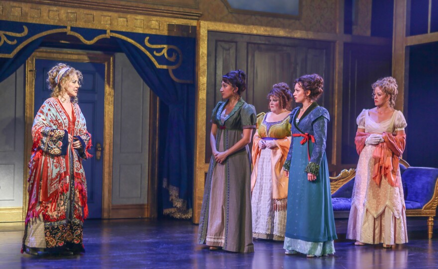 Janine LaManna is Madame Restell (a character inspired by a real life women from New York), and Krystina Alabado as Dabney, Ryann Redmond as Petunia, Isabelle McCalla as Elinor, and Kate Rockwell as Jane in "Regency Girls." (2025)