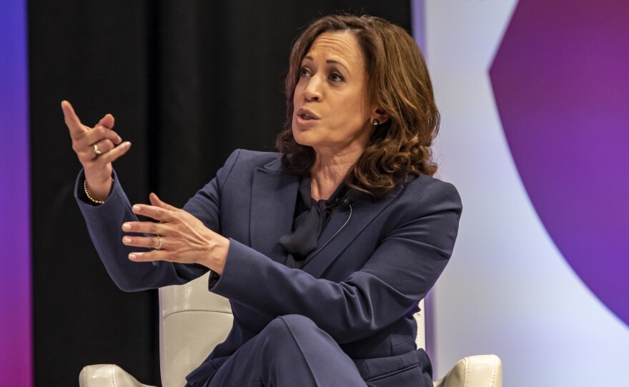 Democratic presidential candidate Sen. Kamala Harris of California speaks at the She The People Presidential Forum in Houston.