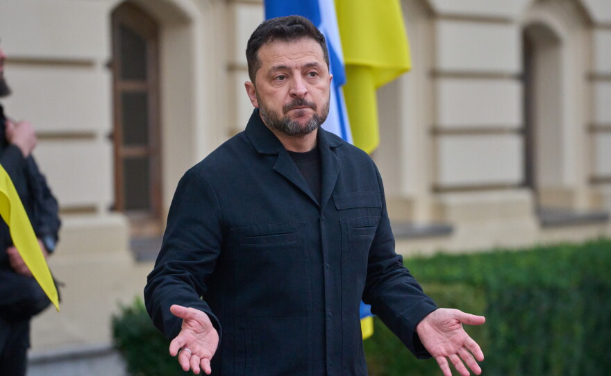 Ukraine's President Volodymyr Zelenskyy answers media questions before his meeting with Finnish Prime Minister Petteri Orpo in Kyiv, Ukraine, on Thursday.