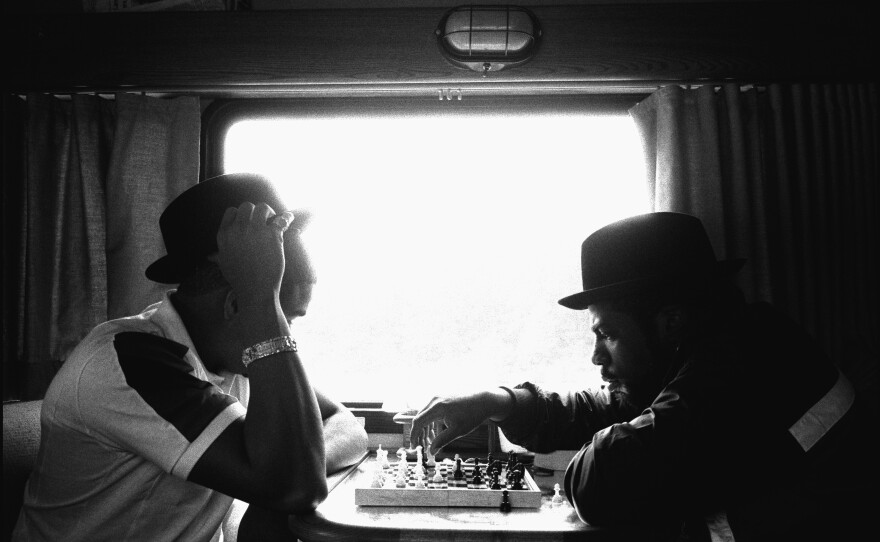 Members of the rap group Run DMC on the road between Virginia and New York, 1986.