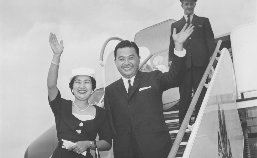 U.S. Rep.-elect Daniel Inouye of Hawaii and his wife, Margaret, arrive in Washington, D.C., Aug. 9, 1959. Inouye, a World War II hero who lost one arm in the war, was the the first Japanese-American to serve in Congress. Inouye died in 2012.