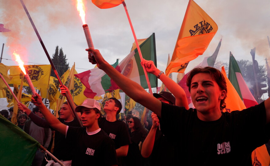 Members of right-wing student groups march through the streets of Rome, Saturday, Oct. 24, 2026, during a demonstration called "Unlock Everything," organized in opposition to recent left-wing student protests and one of several demonstrations held by groups across the political spectrum.