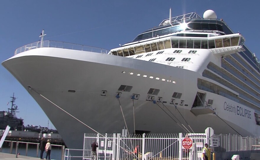 The Celebrity Eclipse cruise ship docks at the Port of San Diego Cruise Ship Terminal in downtown San Diego on March 30, 2020.