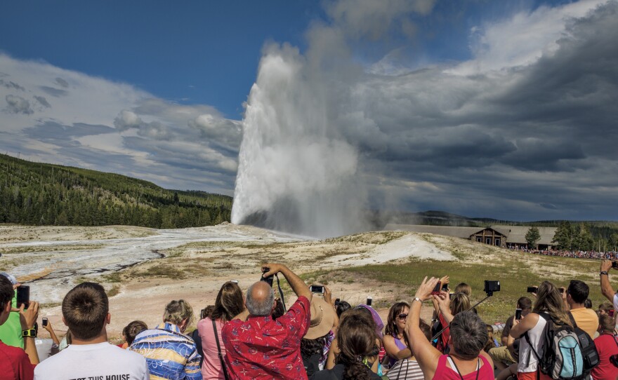 Almost like clockwork, every 60 to 110 minutes, Old Faithful shoots out a jet of steam and hot water up to 184 feet high. In summer the nearby parking lot fills and empties at about the same pace. Yellowstone Superintendent Dan Wenk says, "One of the great fears of every superintendent of Yellowstone is that Old Faithful will stop erupting when they're superintendent."